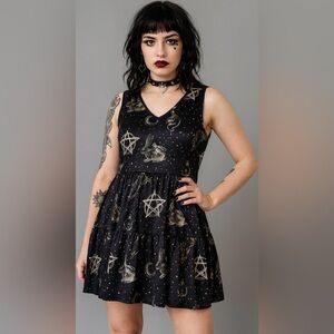 Black Mystical Print Babydoll Mini Dress Witchy Fairy Fantasy Occult Medium